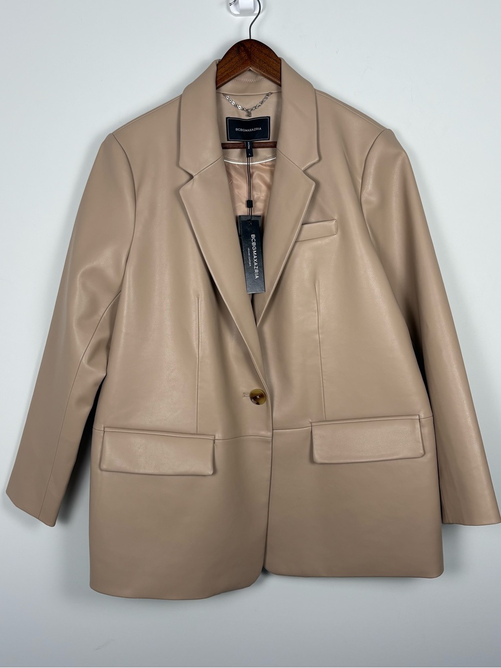 NWT BCBGMaxAzria Taupe Faux Vegan Leather Heavy Weight Blazer Jacket Size Large